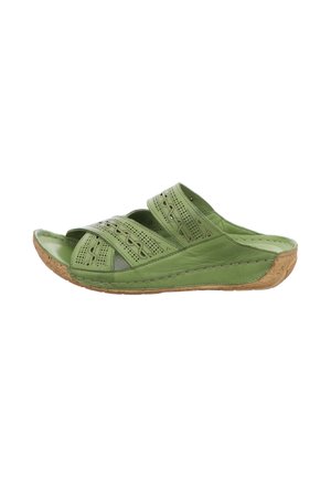 Green leather slide sandals with three perforated straps, open toe design, and cork sole. Smooth texture with stitching detail.