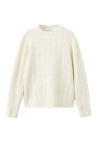 Pull en tricot couleur crème avec un motif en chevrons texturé, col rond et manches longues, présentant un ourlet droit.