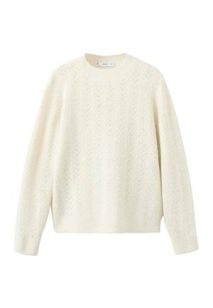 Cream-colored knit sweater with a textured, herringbone pattern, round neckline, and long sleeves, featuring a straight-cut hem.
