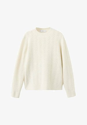 Kremni pleteni pulover z teksturiranim ribjim kostmom, okroglim izrezom in dolgimi rokavi, z ravno obrobo.
