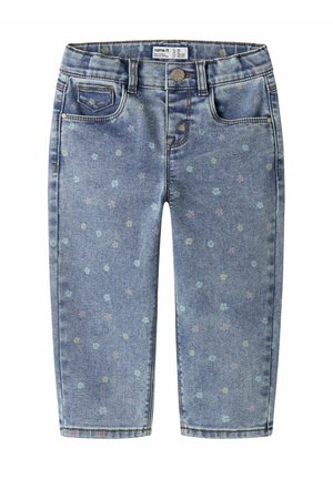 Modré detské rifle s malými pastelovými kvetinovými vzormi, prednými vreckami, opaskovými pútkami a zapínaním na gombík.