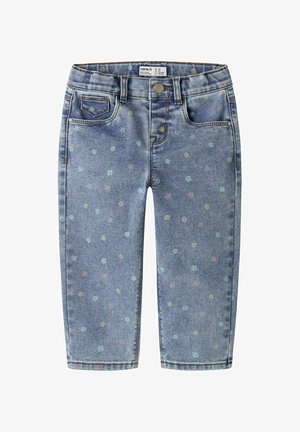 Jeans in denim blu per bambini con piccoli motivi floreali color pastello, tasche frontali, passanti per cintura e chiusura con bottone.