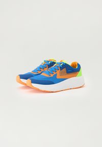 Blue athletic shoes with orange and neon green accents, mesh upper, cushioned sole, and textured patterns on the material.