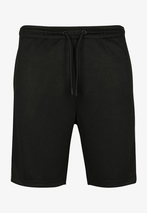 Shorts de sport noirs en tissu doux, dotés d'une taille élastique avec cordon de serrage et d'accents de panneaux latéraux dans une teinte plus claire.