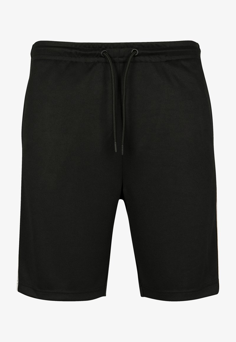 Shorts de sport noirs en tissu doux, dotés d'une taille élastique avec cordon de serrage et d'accents de panneaux latéraux dans une teinte plus claire.