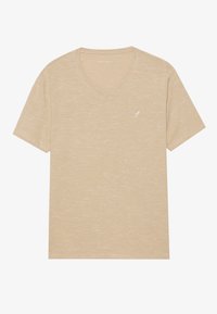 Beige V-neck t-shirt made of soft, textured fabric. Features short sleeves and a small embroidered logo on the chest.