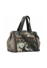 Sac à main rectangulaire avec motif floral et abstrait, poignées sombres, poche avant zippée et bandoulière réglable.