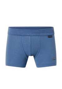 Blaue Baumwollboxershorts mit einem weichen Bund. Sie verfügen über einen vorderen Beutel und ein kleines gesticktes Autodesign an der Seite.