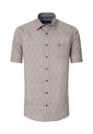 Short-sleeve shirt featuring a patterned design of small colored circles on a light background, with a button front and a point collar.