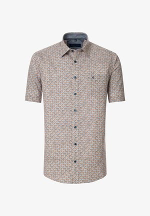 Kurzarmliges Hemd mit einem gemusterten Design aus kleinen farbigen Kreisen auf einem hellen Hintergrund, mit Knopfleiste und Kragen.