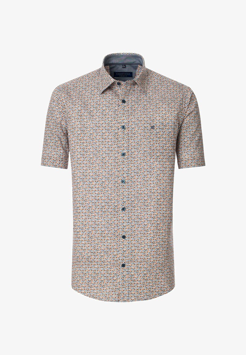 Kurzarmliges Hemd mit einem gemusterten Design aus kleinen farbigen Kreisen auf einem hellen Hintergrund, mit Knopfleiste und Kragen.