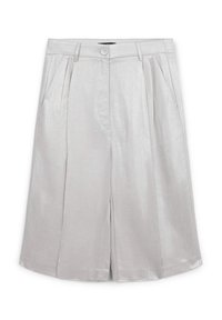 Silberne, plissierte Shorts aus einem glänzenden Stoff, mit Knopfverschluss und Seitentaschen, in einem weiten, lässigen Schnitt.