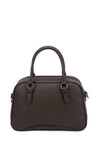 Bruin, getextureerd leren handtas met dubbele handvatten, ronde vorm en een ritssluiting. Voorzien van zilverkleurige hardware en subtiele stikdetails.