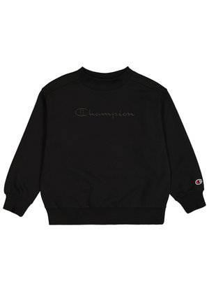 Sweatshirt noir en tissu doux. Doté d'un col rond, de manches longues et d'un logo "Champion" brodé de la même couleur à l'avant.