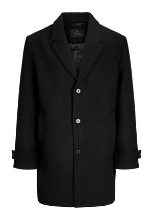 Manteau noir à simple boutonnage avec revers crantés, trois boutons sur le devant, brides de poignets avec boutons et poches latérales, présenté sur fond blanc.