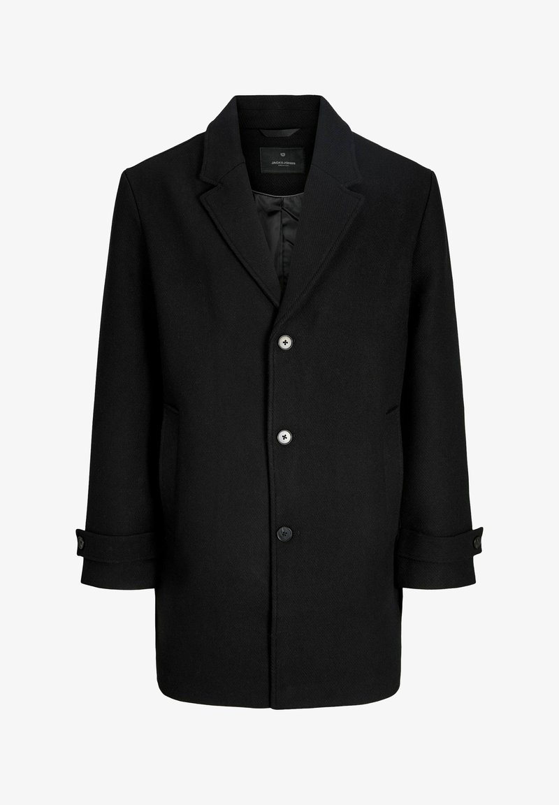 Manteau noir à simple boutonnage avec revers crantés, trois boutons sur le devant, brides de poignets avec boutons et poches latérales, présenté sur fond blanc.