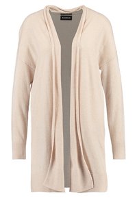 Cárdigan largo de manga larga abierto en color beige claro, fabricado en tejido de punto fino con puños y dobladillo acanalados.