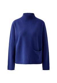 Blauwe coltrui van zacht materiaal, met een geribbelde halslijn en een voorzak voor detail. Ontspannen pasvorm met lange mouwen.