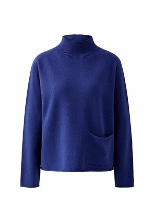 Blauer Rollkragenpullover aus weichem Stoff, mit geripptem Ausschnitt und einer Vordertasche für Details. Lässiger Schnitt mit langen Ärmeln.