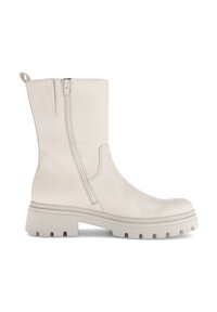 White leather ankle boot with a textured finish, side zipper, and chunky rubber sole. Straight shape with a low heel and pull tab.