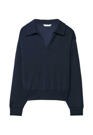 Marineblauer langärmeliger Pullover mit weitem Kragen und tiefem V-Ausschnitt, ausgestattet mit gerippten Bündchen und Saum.