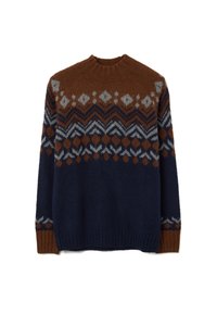 Gestrickter Pullover mit braunem, blauem und grauem geometrischem Muster. Verfügt über einen Rundhalsausschnitt und kontrastierende braune Bündchen. Weiche Textur, mittleres Gewicht.