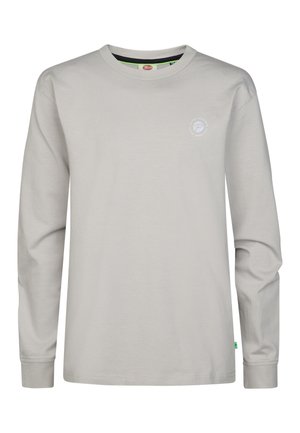 Lichtgrijs longsleeve T-shirt met ronde hals, klein wit logo op de linkerborst en geribbelde manchetten aan de mouwen.