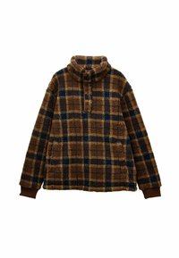 Brown fleece pullover with a high collar, featuring a checkered pattern in dark blue and tan, long sleeves, and a half-zip opening.