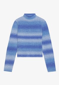 Blårandig polotröja tillverkad av ett mjukt stickat material. Har varierande nyanser av blått i horisontella ränder, långa ärmar och en figurnära design.