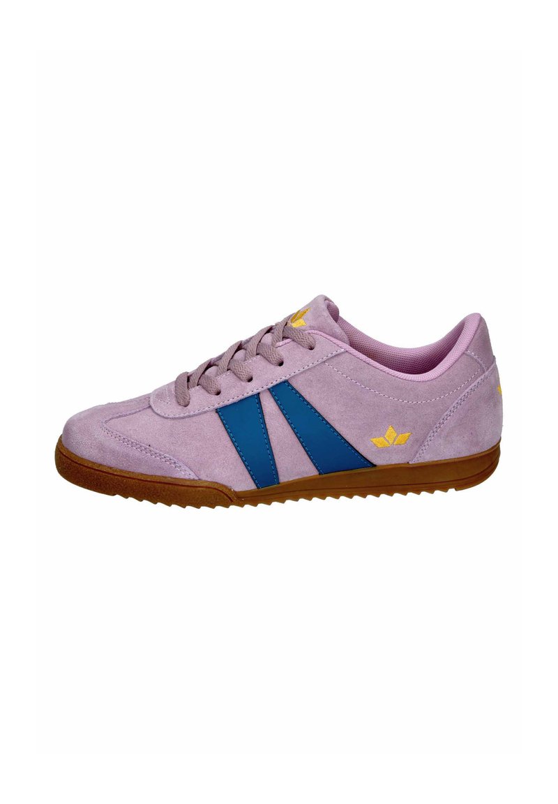 Pink suede sneakers with blue stripes, round toe, lace-up front, and gum rubber sole. Features yellow logo on heel and tongue.