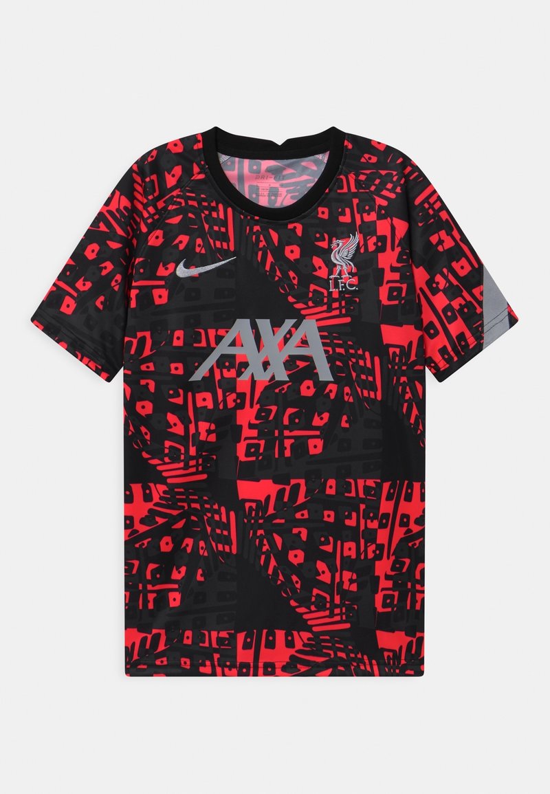 Camiseta corta de manga en rojo y negro con un estampado abstracto. Presenta un cuello redondo, el logo de Nike y el emblema del LFC con "AXA" en plata en la parte delantera.