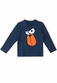 Marineblaue Langarmshirt mit einem großen gestickten Cartoon-Hundegesicht, das weiße Augen und eine orangefarbene Schnauze hat. Aus weichem Baumwollstoff.