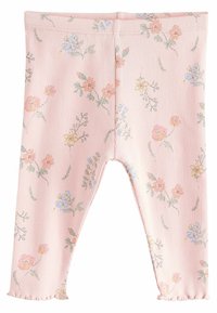 Blomstrede leggings i blødt pink ribbet stof. Har små gule, blå og orange blomster, med en flæsekant for detaljer.