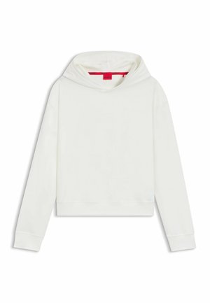 Felpa bianca corta con cappuccio e lacci, polsini a coste e un logo discreto sul davanti, con un vivace dettaglio interno rosso.