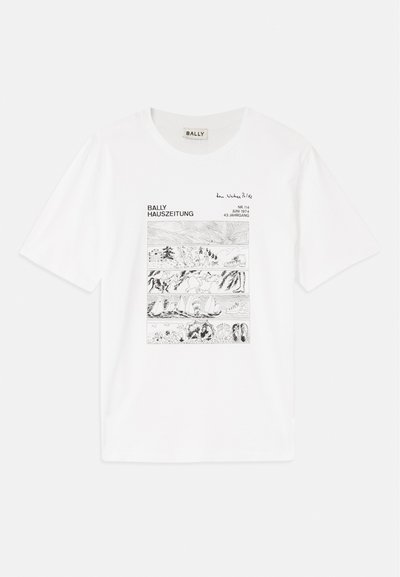 Baltas medvilninis marškinėliai su juodai baltu grafikiniu atvaizdu, vaizduojančiu įvairias scenas, viršuje esantis užrašas "BALLY HAUSZEITUNG".