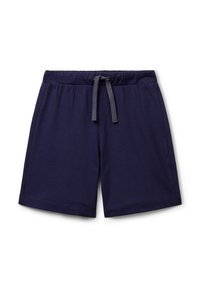 Shorts décontractés bleu marine avec taille élastique et cordon de serrage sombre, posés à plat sur un fond blanc.