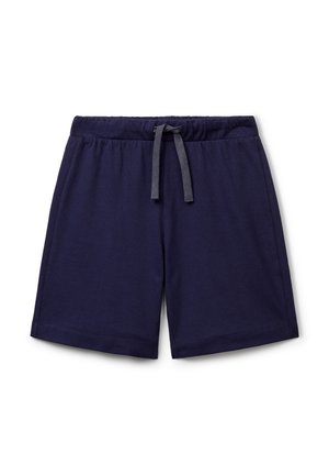 Marineblaue Freizeitshorts mit elastischem Bund und dunklem Kordelzug, flach auf einem weißen Hintergrund ausgelegt.