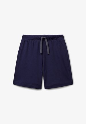 Shorts décontractés bleu marine avec taille élastique et cordon de serrage sombre, posés à plat sur un fond blanc.