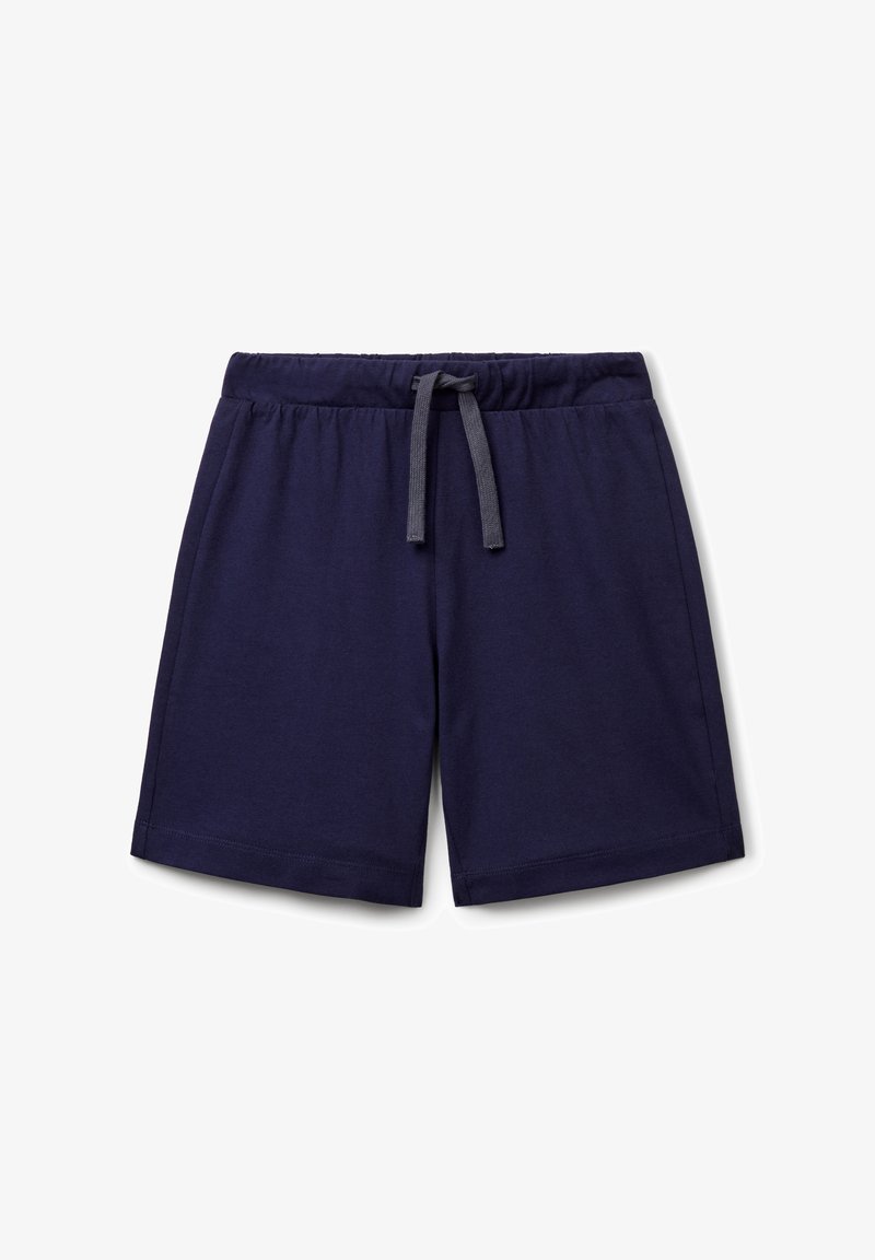 Pantaloni corti casual blu navy con cintura elastica e cordino scuro, distesi su uno sfondo bianco.