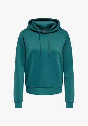 Hanorac turcoaz cu glugă, mâneci lungi, șnur la glugă și margini și manșete cu dungi, afișat pe un fundal alb.