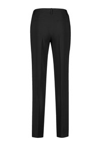 Schwarze Hose mit maßgeschneidertem Design, geraden Beinen und zwei Gesäßtaschen. Der Stoff wirkt glatt mit einem sauberen Finish.