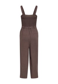 Combinaison marron sans manches avec corsage smocké, larges bretelles, taille ceinturée et pantalon large raccourci.