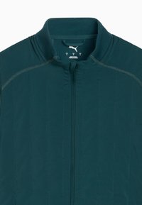 Giacca zip-up turchese con colletto rialzato, caratterizzata da cuciture verticali e un tessuto leggero. Include etichetta con marchio all'interno.