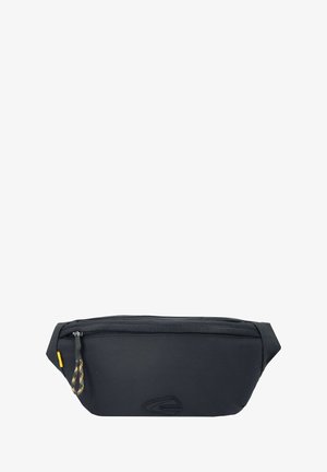 Black fanny pack made of durable material, featuring a zippered closure, yellow accent, and a patterned pull tab. Simple rectangular design.