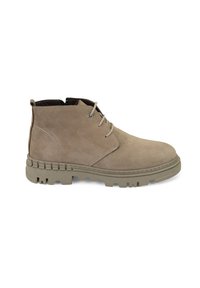 Beige Wildleder-Ankle Boots mit runder Zehenform, robusten Gummisohlen und kontrastierenden Schnürsenkeln. Verfügt über gestickte Details und eine strukturierte Außenfläche.