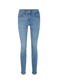 Jean skinny bleu clair avec poches avant, passants de ceinture et fermeture par bouton.