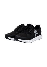 Black athletic shoes with mesh upper, white rubber sole, and laces. Features a reflective logo on the side and textured accents.