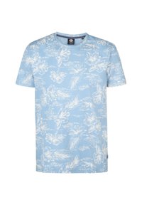 Svetle modré tričko s krátkým rukávem, zdobené bílými květinovými a listovými vzory, kulatým výstřihem a měkkým bavlněným materiálem.