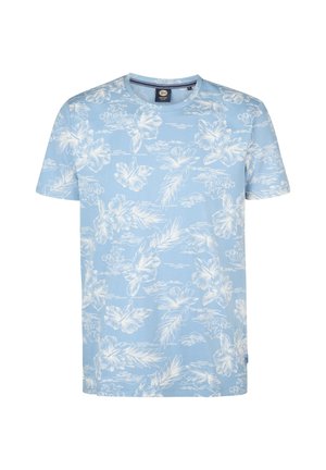  Lichtblauwe t-shirt met korte mouwen met witte bloemen- en loofpatronen, ronde halslijn en zachte katoen. 