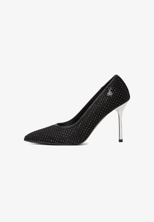 KARL LAGERFELD, SARABANDE GEMSTONE NET COURT - Højhælede pumps - black satin textile w/silver-coloured